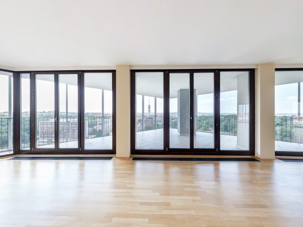 Modern white empty loft apartment interior, living room hall, ace panorama, Overlooking the metropolis city
